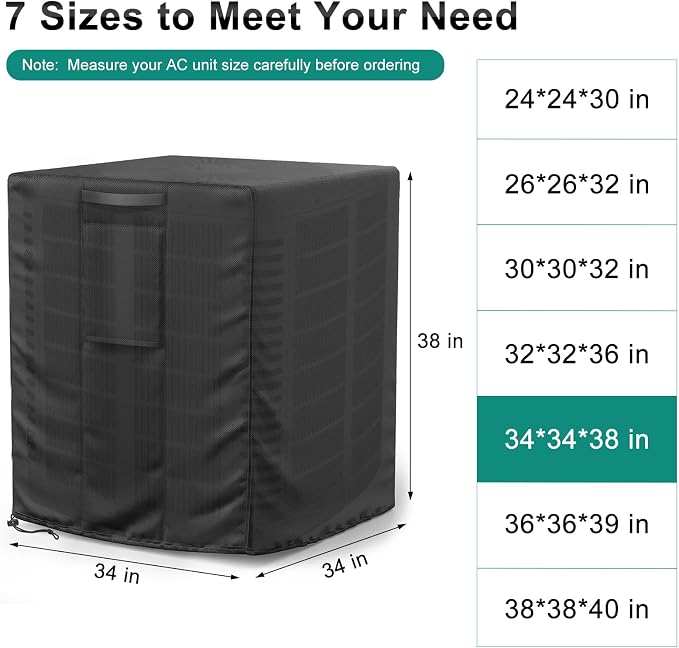 Central Large Air Conditioner Cover for Outside Units, Waterproof & Windproof Outdoor AC Units Cover Black (34"x34"x38" Inch)