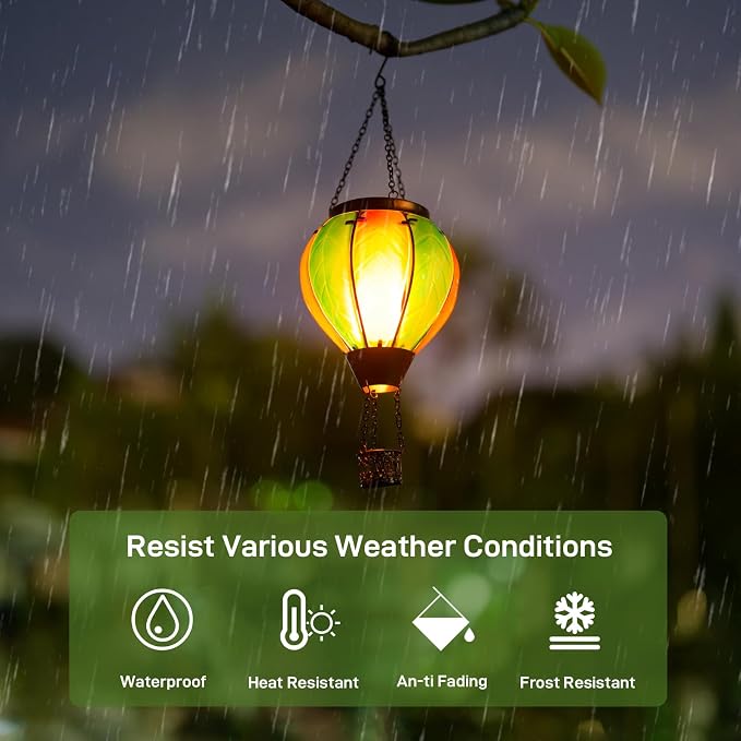 Hanging Solar Hot Air Balloon Lantern with Flame, Glass Hot Air Balloon Solar Lantern Outdoor Waterproof, Solar Powered Hot Air Balloon Lantern Decorative for Outside Garden Yard (Orange)