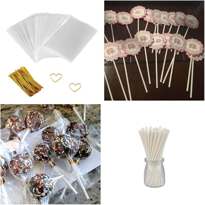 COOLAKE 600 PCS Cake Pop Sticks and Wrappers Kit, Including 200 Pcs 6 inch Paper Lollipop Sticks, 200 Pcs Clear Treat Bags Twist Ties for Cakepop, Lollipop, Hard Candy, Suckers, Chocolate
