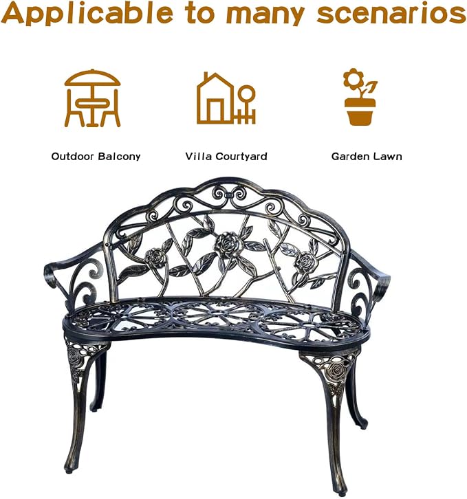 YKSY&YKSY Patio Garden Bench Metal Park Bench Cast Aluminum Outdoor Furniture with Floral Rose for Patio,Park,Lawn,Yard (Copper)
