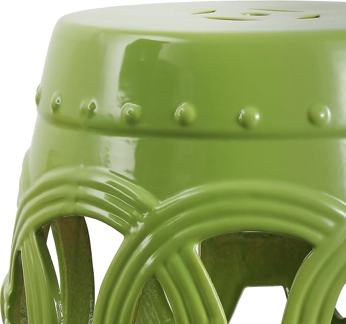 JONATHAN Y Lucky Coins 16" Ceramic Garden Stool, Contemporary Matte Green Cutout Interlocking Rings Drum Indoor/Outdoor Side Table and Plant Stand for Patio, Garden, Living Room TBL1022H