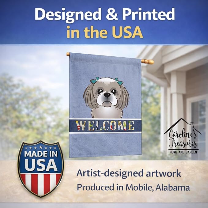 Caroline's Treasures BB1436CHF Gray Silver Shih Tzu Welcome House Flag, Blue Large Porch Sleeve Pole Decorative Outside Yard Banner Artwork Wall Hanging, Polyester, House Size, Multicolor