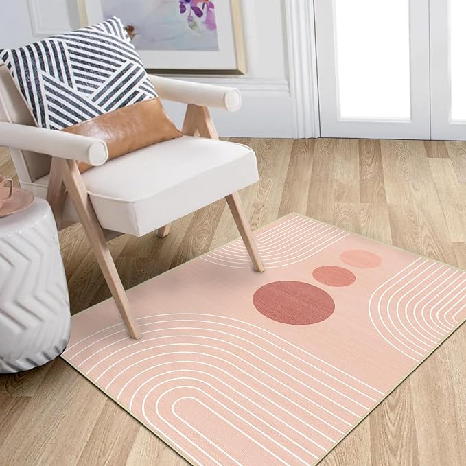Boho 2x3 Rug for Entryway Modern Geometric Abstract Area Rug Pink Mid Century Modern Machine Washable Door Mat Contemporary Non-Slip Printed Low-Pile Floor Carpet Kitchen Bathroom Laundry Pink