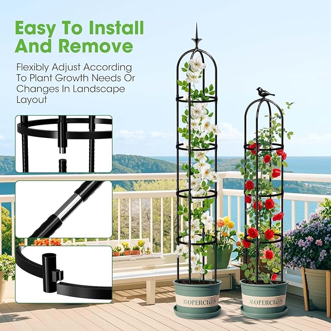 2 Pack Garden Obelisk Trellis for Climbing Plants Outdoor, 6.2 FT Tomato Cage, Rose, Flowers, Grape, Pea, Cucumber Trellis, Rustproof Plastic Coated Metal Plant Support Trellis for Potted Plants