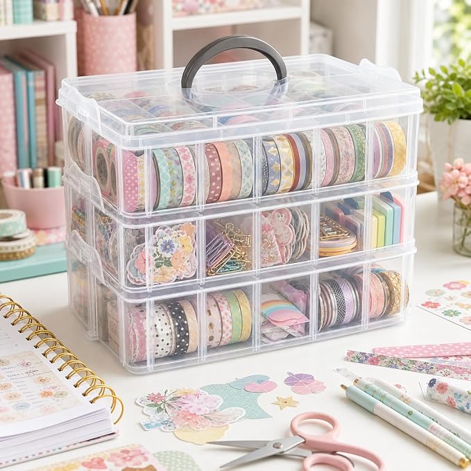 Guyuyii 3-Tier Stackable Bead Organizer with Adjustable Dividers and Handle | Portable Storage Case for Craft, Sewing, Jewelry Making | Compatible with Beads, Embroidery Floss, Washi Tape, Lego Pieces