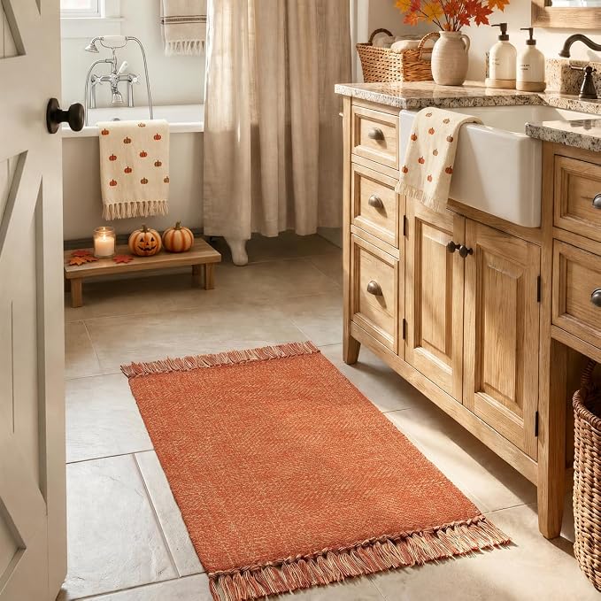 Fall Bathroom Rug 2' x 3', Small Boho Farmhouse Kitchen Rugs | Hand-Woven Washable Entryway Rugs, Reversible Low Profile Front Door Mat, Terracotta Fall Carpet for Porch Back Bedroom Decor