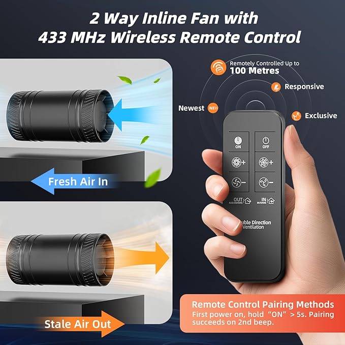 4 Inch Inline Duct Fan with Remote,2Way 6Speed,Low Noise Save Energy | 130CFM Airflow,2Way 6Speed Duct Fan,433MHz Remote Control,100% Pure Coppe DC Motor,24dB Low Noise,Easy Installation