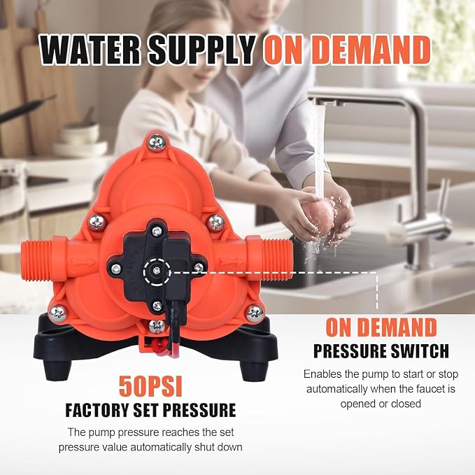 RV Water Pump on Demand Water Pressure Self-Priming Diaphragm Pump with Pressure Switch Quiet for Camper Marine Garden Boats Home Kitchen Bathroom Irrigation Rain Barrel (12V 3.5GPM 50PSI)