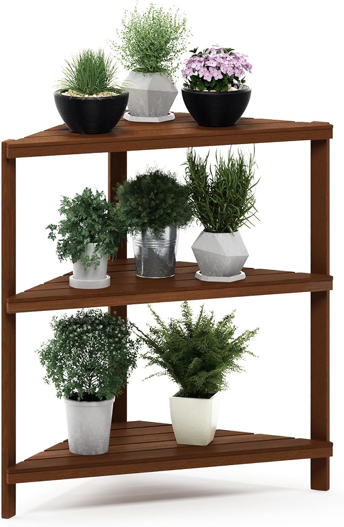 Furinno TIOMAN Plant Stand Outdoor, 3-Tier Corner Plant Shelf, Tiered Plant Stand Indoor, Outdoor, Patio, Garden, Balcony, Light Wood