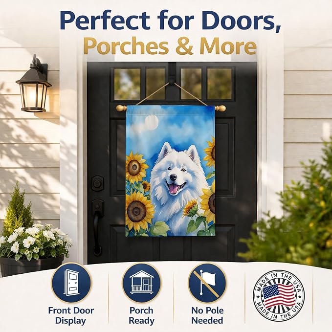Caroline's Treasures DAC6153CHF Samoyed in Sunflowers House Flag Large Porch Sleeve Pole Decorative Outside Yard Banner Artwork Wall Hanging, Polyester, House Size, Multicolor