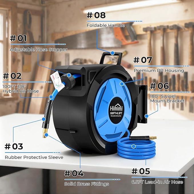 Retractable Air Hose Reel, 3/8" x 100 Ft Hybrid Hose Air Compressor Hose Reel with 6.5 Ft Lead-in Max 300 PSI, Air Hose with Any Length Lock, Automatic Rewind, 180° Swivel Bracket, Quick Coupler