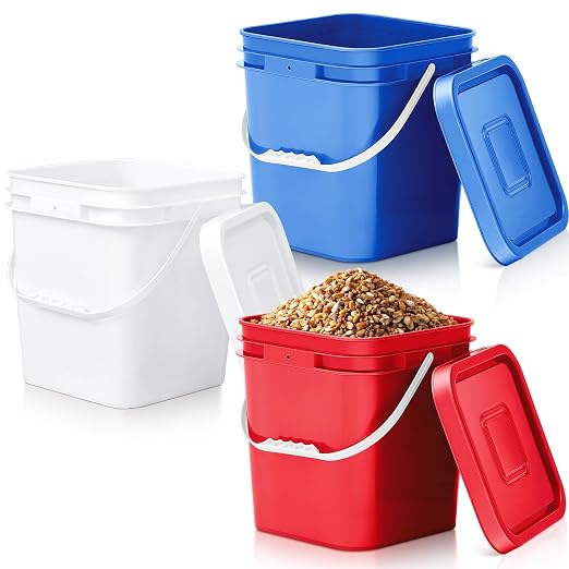 Mumufy 3 Pcs 3.5 Gallon Square Food Grade Bucket with Lid Square Bucket Pail Plastic Handles for Long Term Food Storage, Camping, Fishing, Home Organization Easy Stack and Store (White,Red,Blue)