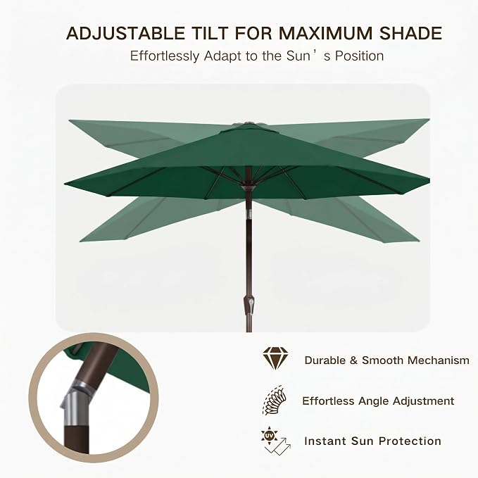 Kingdura 10FT Outdoor Patio Umbrella, Round Market Table Umbrella with Push‑Button Tilt and Crank Lift, 8 Sturdy Metal Ribs, UV50+ Protection Canopy for Backyard, Lawn, Deck, Poolside, Garden (Dark green)