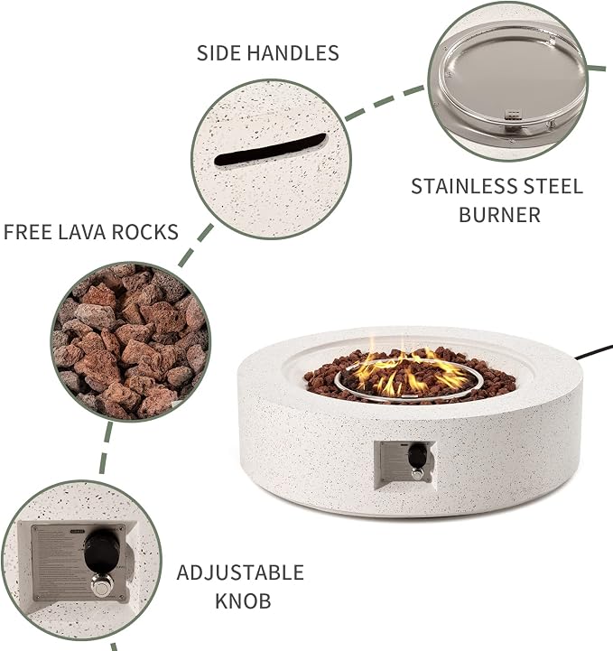COSIEST 42 inch Outdoor Propane Fire Pit Coffee Table w Concrete Round Base Patio Heater, 50,000 BTU Stainless Steel Burner, Free Lava Rocks, Rain Cover