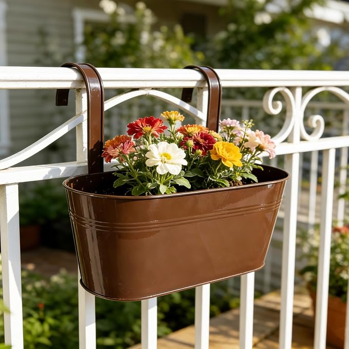 Set of 12 Balcony Hanging Planters, 4 Pcs 17" Metal Railing Flower Pots & 4 Pcs 12" Deck Planter & 4 Pcs 4" Fence Pot for Outdoor Patio Garden Décor, Chocolate