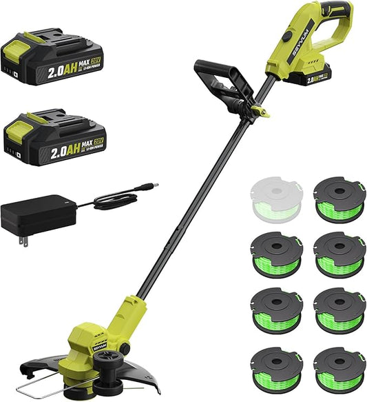SEYVUM String Trimmer, 20V 12-inch Cordless Weed Wacker with Auto Line Feed, 2 X 2.0Ah Battery Powered Lawn Edger with 8 Pcs Grass Cutter Spool Line, Fast Charger Included