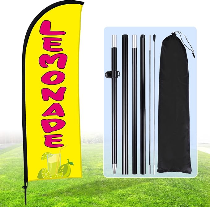 Buryeah Lemonade Feather Flag for Business Advertising 7x5.4ft Feather Flag Sign with Flagpole Ground Stake Portable Bag Lemonade Themed Banner with Rope for Outside Garden Business Party(Yellow)
