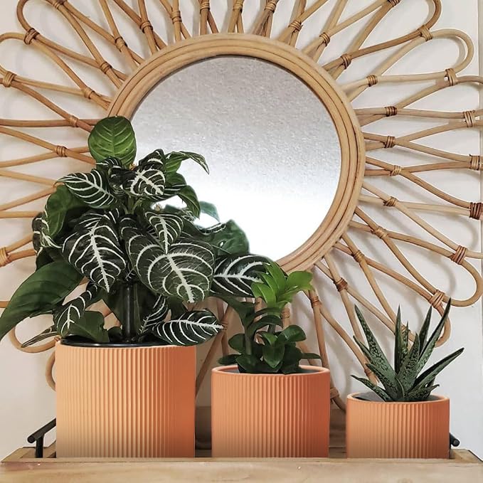 HERDUK Modern Terra Cotta Pots, 6 Inch 5.1 Inch 4 Inch Ribbed Textured Clay Planter Set with Drainage Holes & Saucers, Garden Pots for Indoor/Ourdoor Plants Succulent, Cactus & Herb