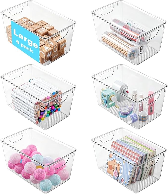 6 Pack Large Clear Storage Bins with Lids, Acrylic Arts and Craft Storage Containers, Stackable Clear Plastic Craft Storage Bins with Handles for Pantry Organizers and Storage, Kitchen, Fridge, Office