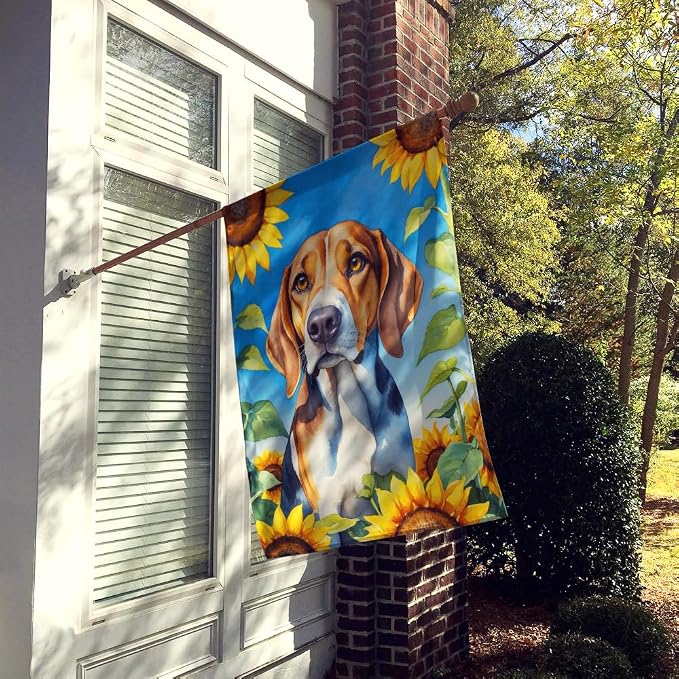 Caroline's Treasures DAC6009CHF American Foxhound in Sunflowers House Flag Large Porch Sleeve Pole Decorative Outside Yard Banner Artwork Wall Hanging, Polyester, House Size, Multicolor