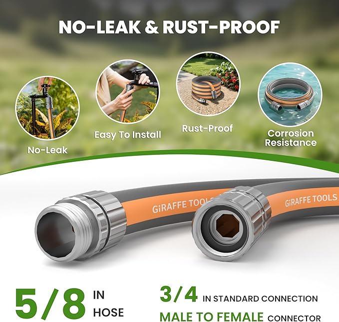 Giraffe Tools 75FT Garden Hose, 5/8" Lightweight Lay Flat Water Hose, No-Kink, Flexible Gardening Hose with Male to Female Aluminum Fitting, Customizable-Length Hose Pipe for Yard