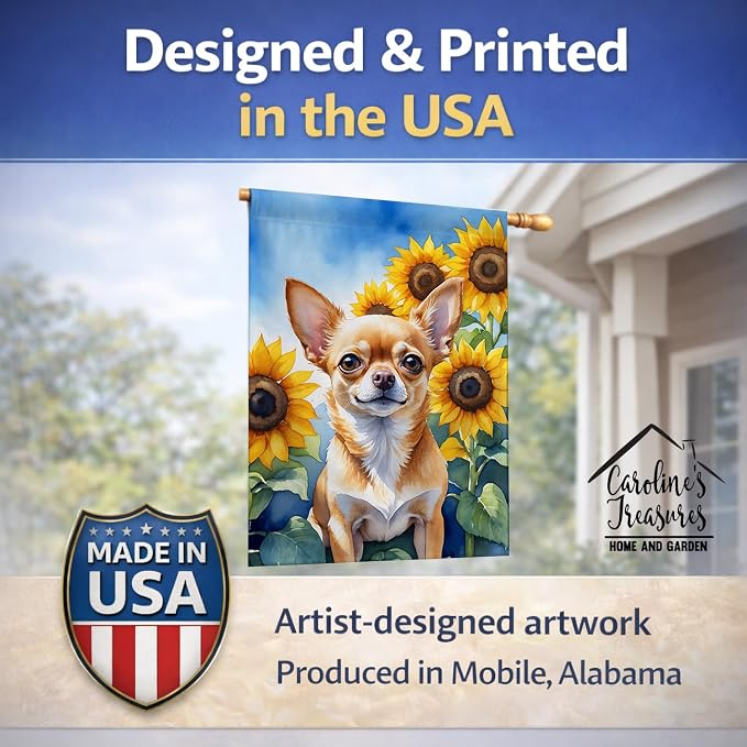 Caroline's Treasures DAC6051CHF Chihuahua in Sunflowers House Flag Large Porch Sleeve Pole Decorative Outside Yard Banner Artwork Wall Hanging, Polyester, House Size, Multicolor
