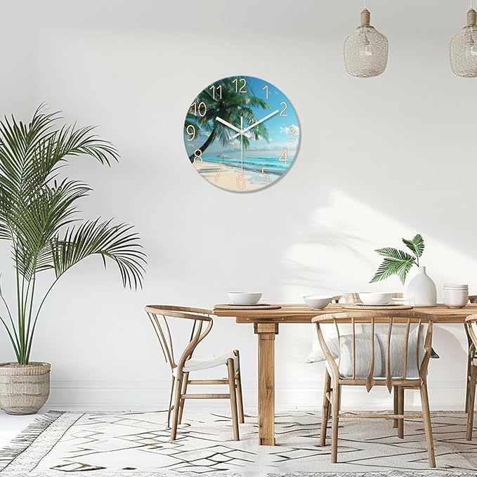 XFM Tropical Beach Wall Clock 12 Inch Silent Blue Coastal | Non-Ticking Battery Operated Modern Glass Palm Tree Round Decorative for Living Room Kitchen Bedroom Office