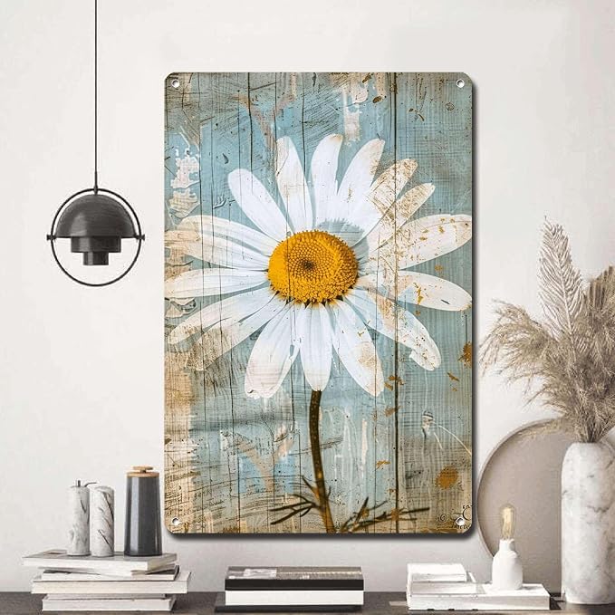 Metal Sign Tin Sign Vintage Wall Art Shabby Chic Daisy Tin Sign for Rustic Simplicity Antique Beauty and Distressed Wood Surfaces Garden Tin Signs for Pub 12×16 Inches