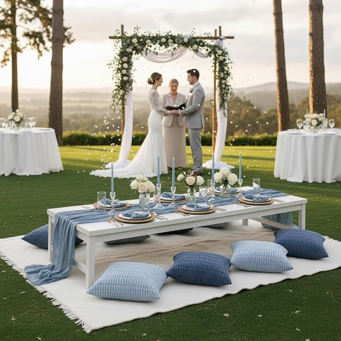 Beeveer 14 Pack Picnic Kit 91x71 Inch Extra Large Outdoor Boho Picnic Blanket with Gray Blue Table Runner, 6 Throw Pillow Cover 6 Napkin Woven Cotton Yarn Washable Beach Blanket for Camp Wedding Decor