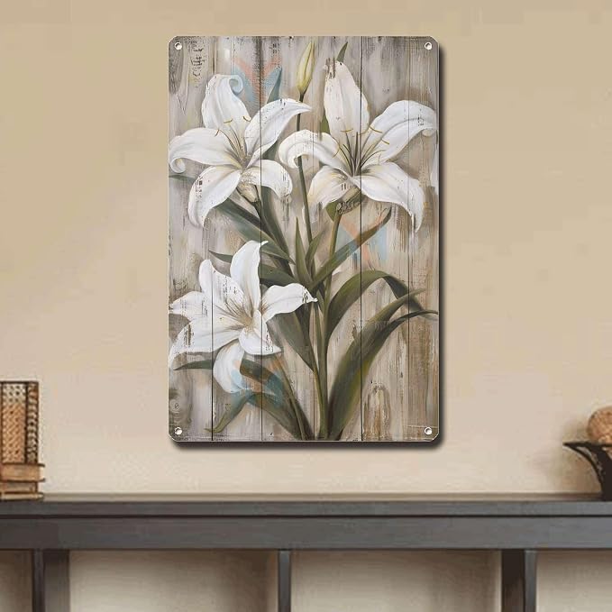 Metal Sign Tin Sign Vintage Wall Art Rustic Charm Lilies Tin Sign for Easy Installation Weather Resistant Design and Vintage Aesthetic Home Decor for Bar 6×8 Inches
