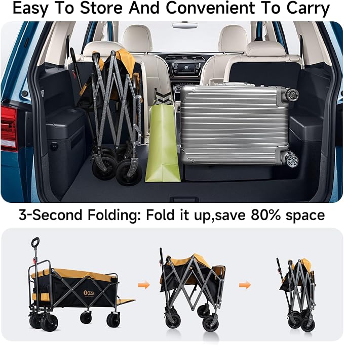56" Large Collapsible Folding Wagon with Tailgate and Brake, 600LBS Heavy Duty Utility Cart, 250L Large All-Terrain Beach Wagon for Camping Garden Shopping Grocery Sports