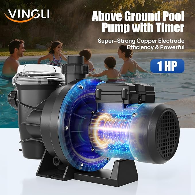 VINGLI 1 HP 3962 GPH Pool Pump, 110V Single Speed Self Priming Swimming Pool Pump, Powerful Copper Motor Water Circulation Pump with Filter Basket for Above Ground Pools Spas, US Plug