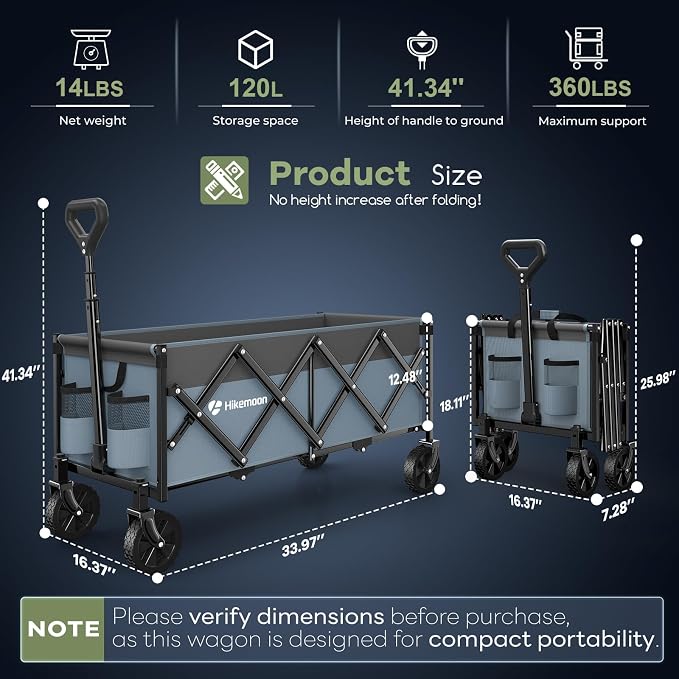 Hikemoon 34'' Extra Long Collapsible Wagons Carts Foldable, 360LBS Heavy Duty Folding Beach Wagon with Wheels, Portable Utility Outdoor Cart for Grocery, Garden, Sports, Camping, Blue & Grey