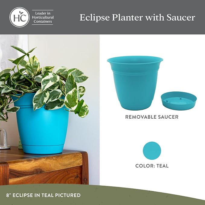 The HC Companies 16 Inch Eclipse Round Planter Pots with Drainage Holes & Attached Saucer, Lightweight UV-Resistant Plastic Indoor & Outdoor Planters, 2-Pack Flower Pots for Garden & Home Decor, Teal