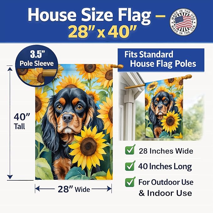 Caroline's Treasures DAC6048CHF Cavalier Spaniel in Sunflowers House Flag Large Porch Sleeve Pole Decorative Outside Yard Banner Artwork Wall Hanging, Polyester, House Size, Multicolor