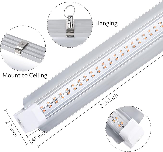 Grow Light, 2ft T8,100W(4 x 25W, 600W Equivalent), Super Bright, Full Spectrum Sunlight Plant Light, LED Grow Light Strips, Grow Lights for Indoor Plants,Greenhouse,4-Pack