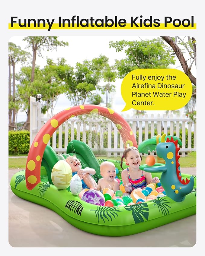 Inflatable Kids Pool, Airefina Dino Planet Inflatable Play Center Kiddie Pool with Water Slide, Ultra Thick 97"x76"x41" Toddler Pool with Play Ball Hoop, for Backyard, Garden, Water Park, Ages 3+