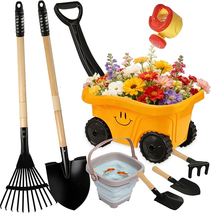 Toddlers Rake & Shovel Set with Wheelbarrow, Kids Yard Tools for Digging, Gardening, Beach, Sandbox, Lawn, Camping, Summer Outdoor Garden Toys Gifts for Children Age 3-6 Years Old