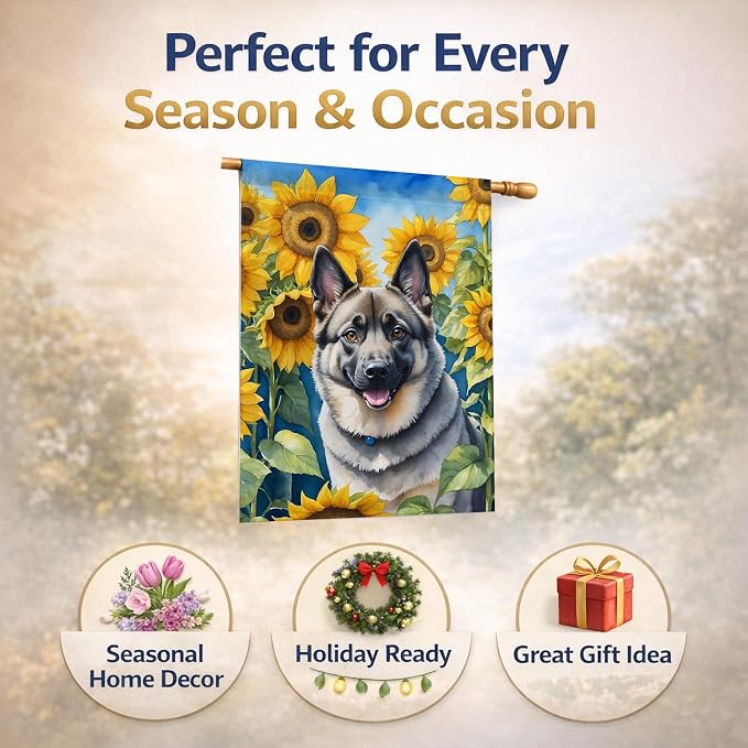 Caroline's Treasures DAC6126CHF Norwegian Elkhound in Sunflowers House Flag Large Porch Sleeve Pole Decorative Outside Yard Banner Artwork Wall Hanging, Polyester, House Size, Multicolor