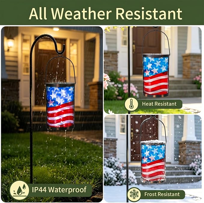 Hanging Solar Lantern Outdoor Decorative Waterproof LED Solar American Flag Lights Tabletop Lamp for Outdoor Patio Garden