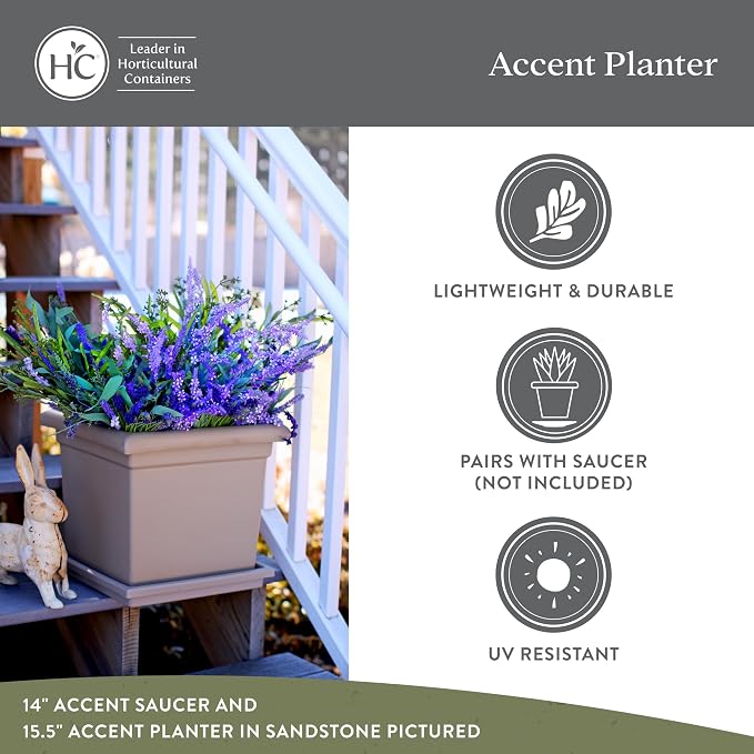 The HC Companies Accent Square Plant Pot w/Drainage - Classic Planters for Outdoor Plants & Indoor Plants - Lightweight & UV-Resistant Square Planter Box (15.5”, Black, Pack of 1)