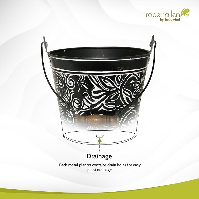 Headwind Vintage Collection - Floral Charcoal Planter with Handles – 8 Inch Medium Flower Pots Decorative Plant Indoor – Plant Pots Indoor with Drainage By Robert Allen