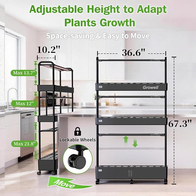 Growell 90 Pods Large Hydroponics Growing System Kit, Indoor Herb Garden | Vertical Hydro Garden with 2 Light Modes & 2 Timer, Smart Water Circulation, 40L Water Tank, Movable with 4 Swivel Casters
