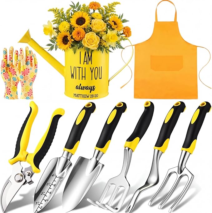 Blueweenly 9 Pcs Watering Can Garden Tools Kit with Bible Verse Christian Gardening Gifts for Women with Heavy Duty Garden Hand Tools 1.6L Galvanized Metal Can Apron Gloves for Mom Grandma(Yellow)