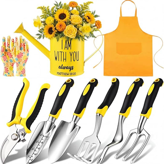 Blueweenly 9 Pcs Watering Can Garden Tools Kit with Bible Verse Christian Gardening Gifts for Women with Heavy Duty Garden Hand Tools 1.6L Galvanized Metal Can Apron Gloves for Mom Grandma(Yellow)