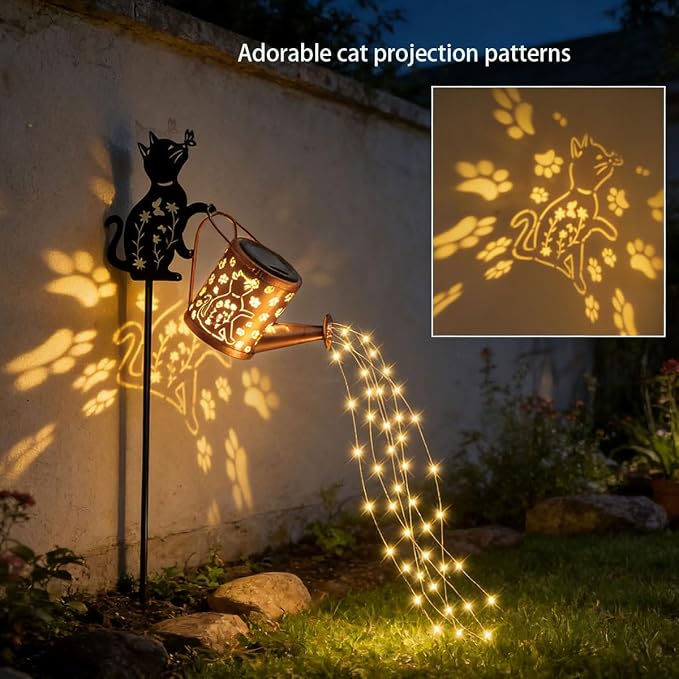 Solar Watering Can with Metal Cat and Dog Figures, Hanging Garden Decoration, Outdoor Garden Gift for Women