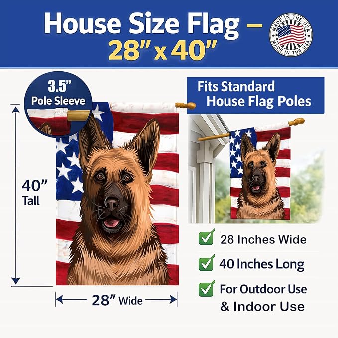 Caroline's Treasures CK6536CHF German Shepherd Dog American Flag House Flag Large Porch Sleeve Pole Decorative Outside Yard Banner Artwork Wall Hanging, Polyester, House Size, Multicolor