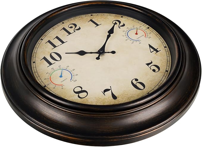 Large Outdoor Clock Waterproof with Thermometer & Hygrometer- 18 Inch Retro Bronze Indoor Outdoor Wall Clocks for Patio Pool Garden Farmhouse Decor, Silent Battery Operated