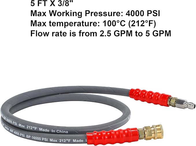 M MINGLE Pressure Washer Jumper Hose, 5 FT Whip Hose for Power Washer | 3/8 Inch Quick Connect, Hot & Cold Water Compatible, Connect Pump to Hose Reel