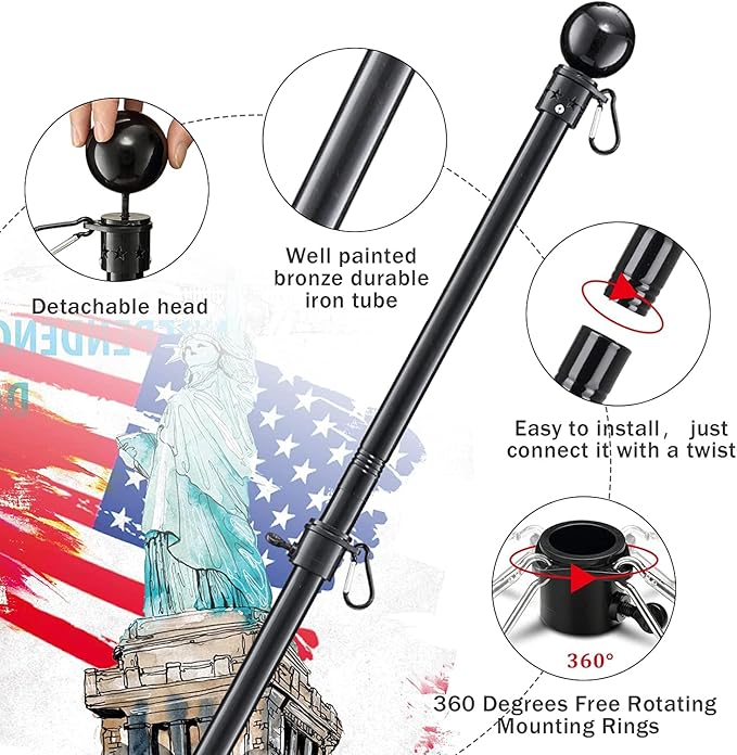 Flag Pole for Outside House - 5ft Stainless Steel Heavy Duty Flagpole Kit,Tangle Free,Dual Angle Bracket for Grommet Flags,Banner,Garden Flag,for Outdoor Porch,Yard,Garage,Balcony,Black